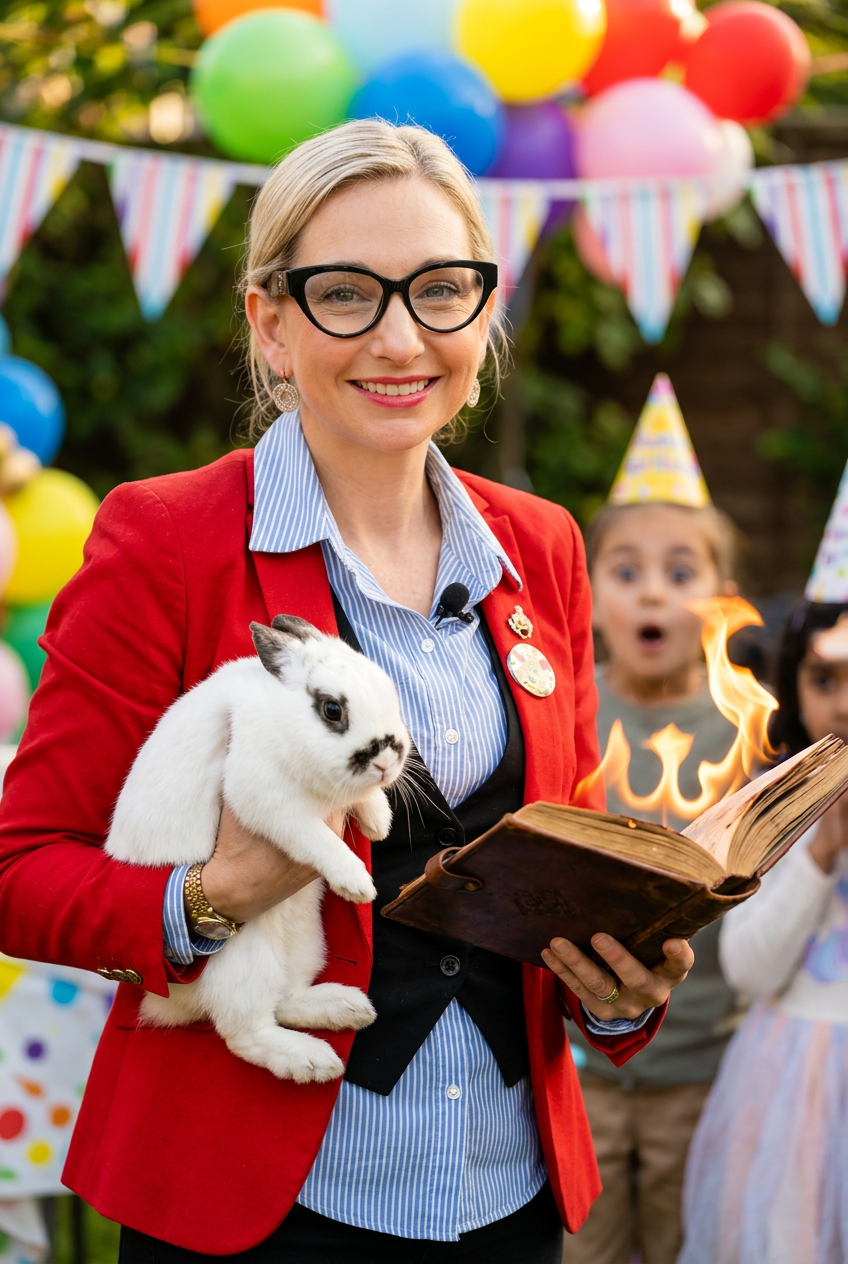 Missy La La the Magician holding a live white bunny and a flaming spellbook with amazed children in party hats